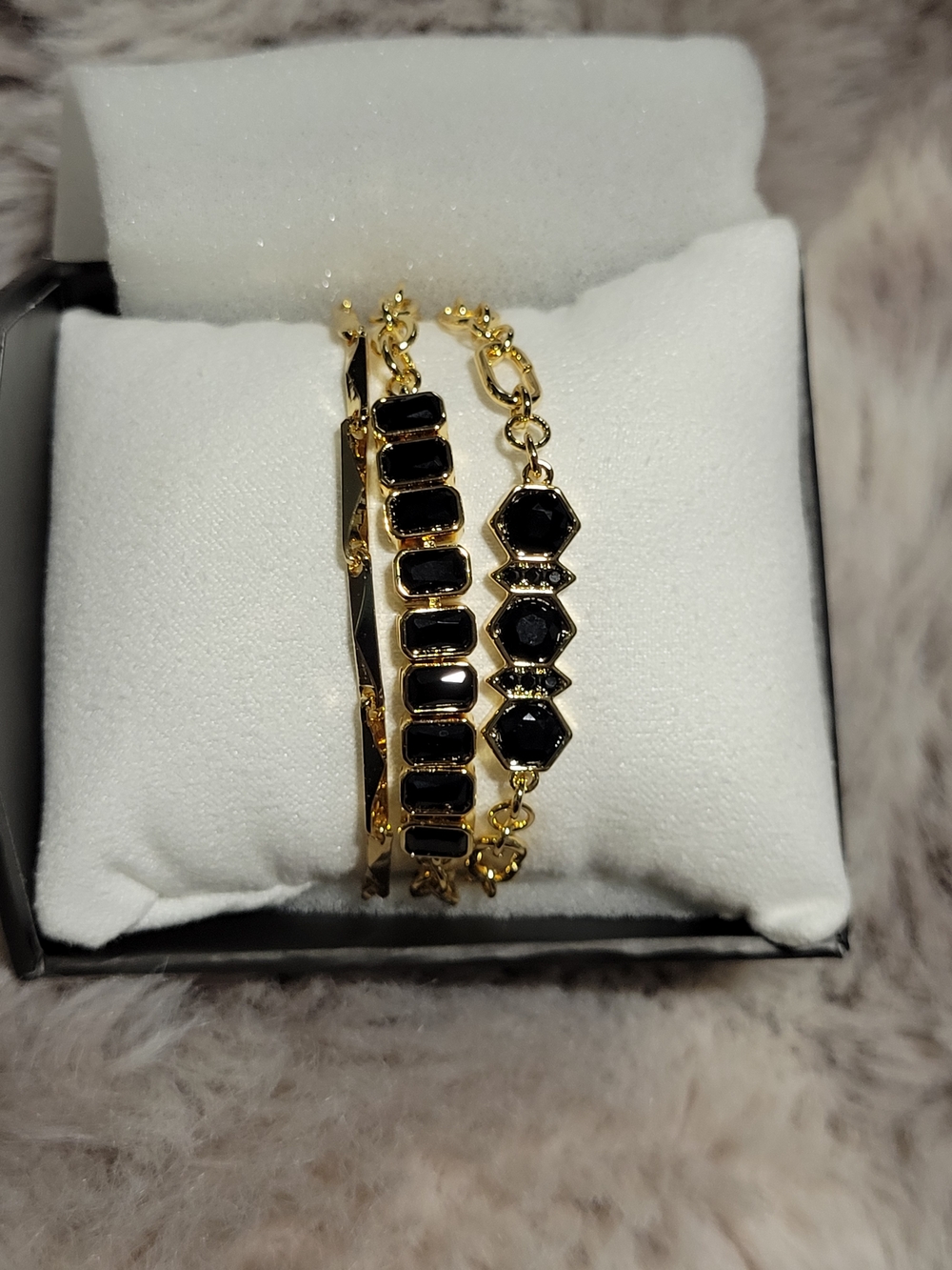 Gold-Tone Bracelet Set with Black Stone Accents